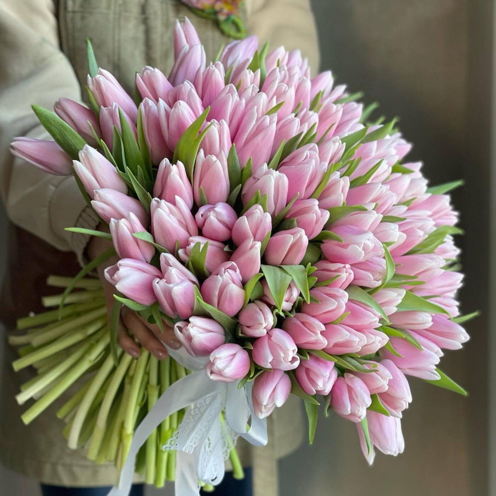 Букет цветов «Букет из 101 розового тюльпана в ленте»