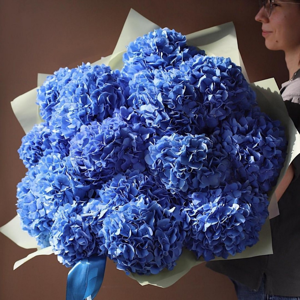 Букет цветов «15 голубых гортензий в упаковке уголком»