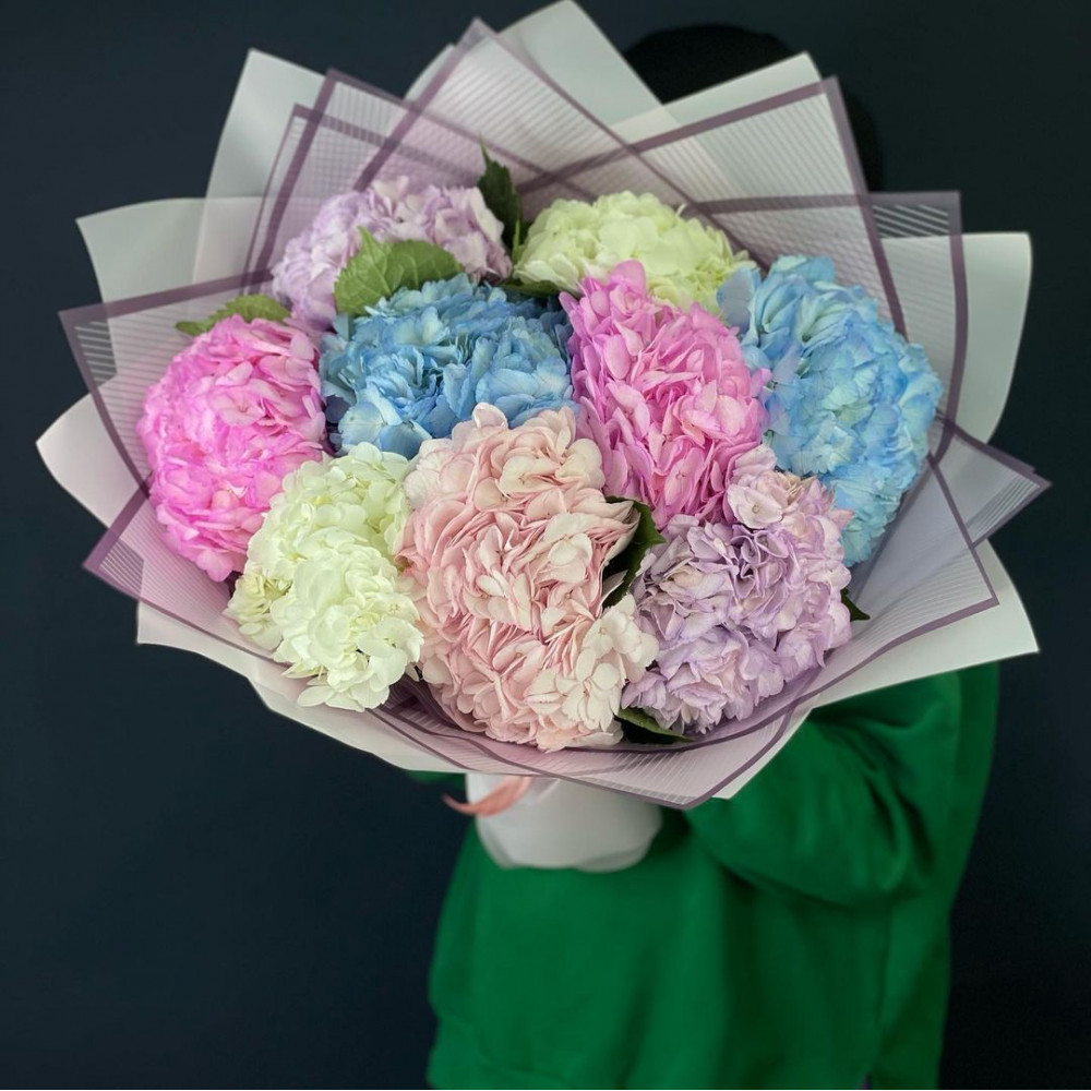 Букет цветов «9 разноцветных гортензий» - фото 2